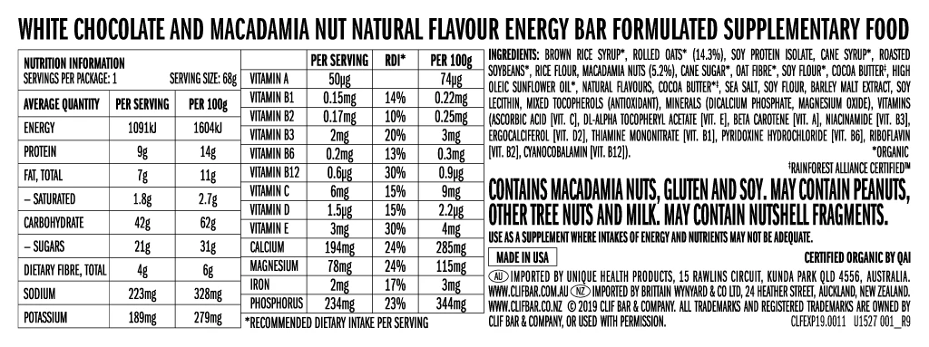 CLIF BAR WHT CHOC MACA 68g 2 CLIF BAR WHT CHOC MACA 68g
